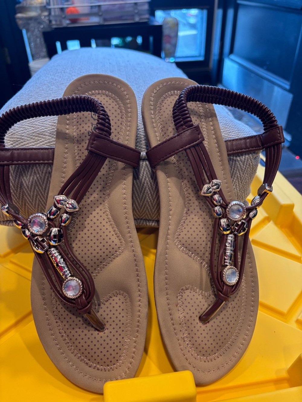 Spicy Footwear Brown Jeweled T-Strap Sandals